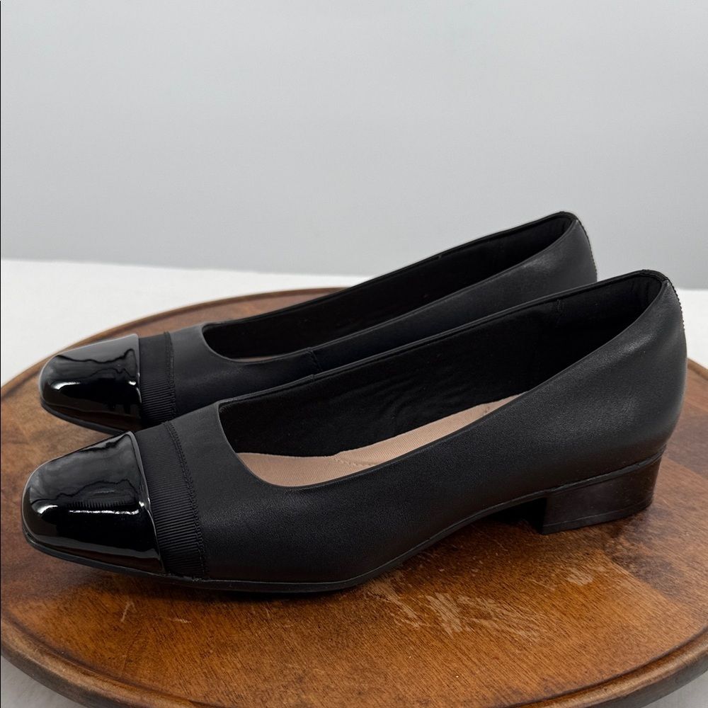 Clarks Black Cap-Toe Low Heel Flats